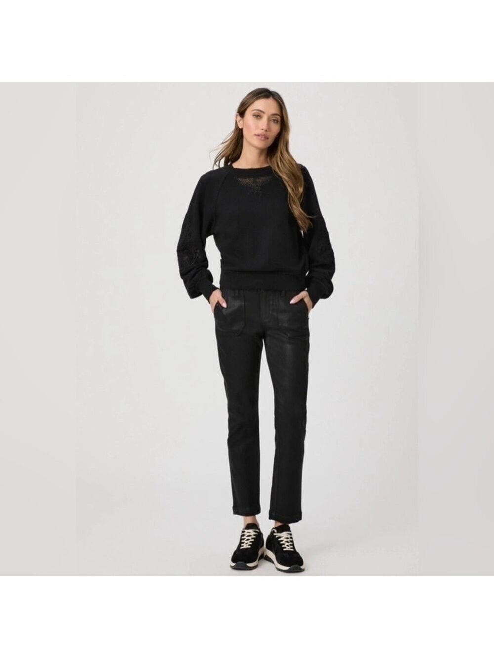 NWT. Paige Mayslie Straight Leg Ankle Luxe Coated Jeans in Black Fog Siz…